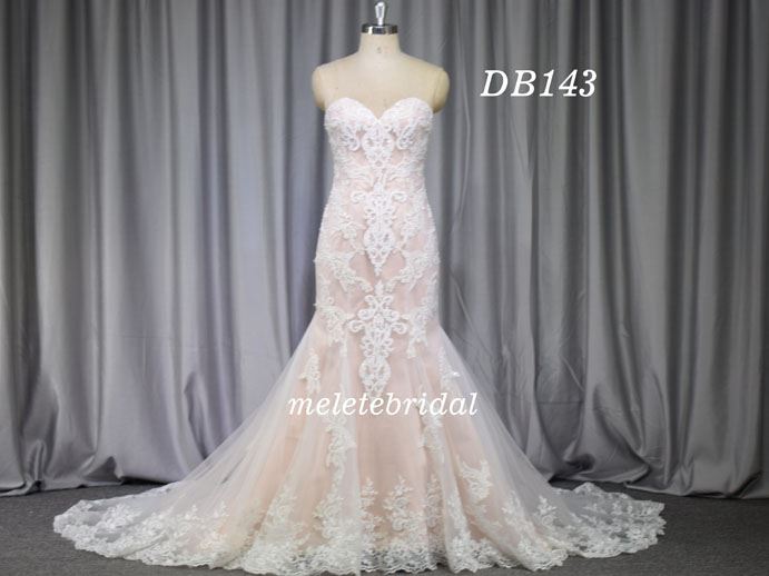 Pink color lace beading mermaid bridal gown