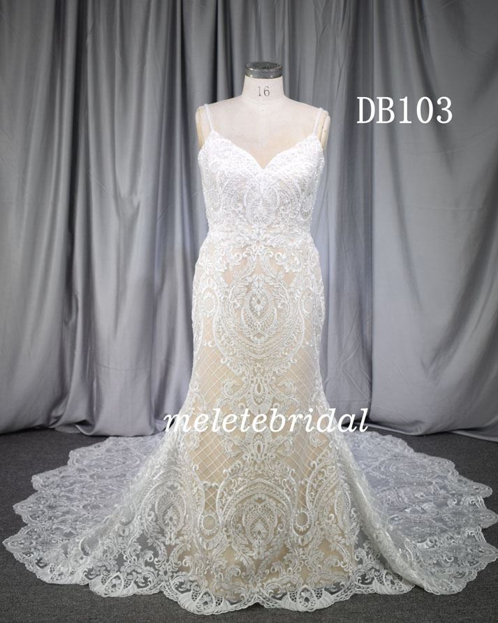 champagne color satin umder the ivory lace mermaid bridal gown