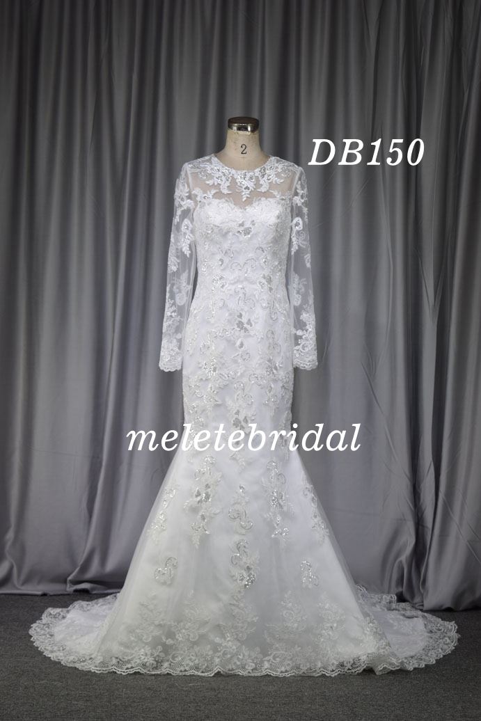 Long sleeves lace mermaid bridal gown with silver beading