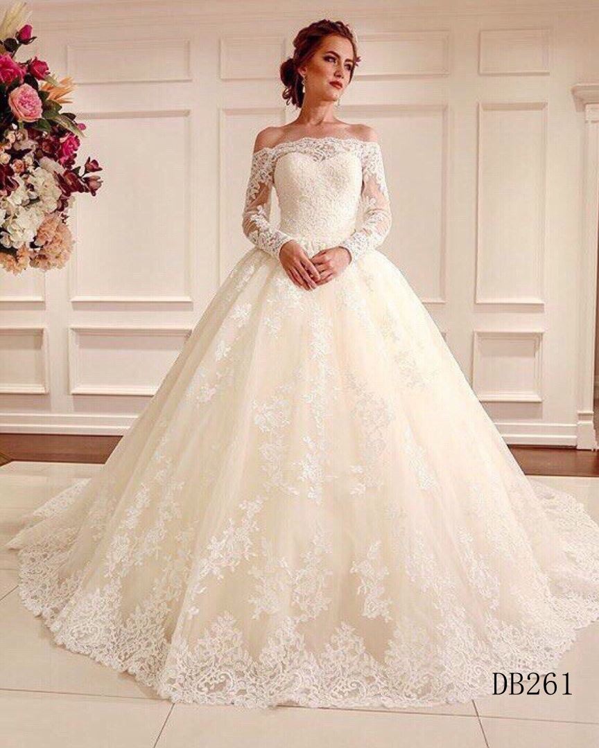 Custom made princess style straight neckline wedding dress with long sleeves hot sell
