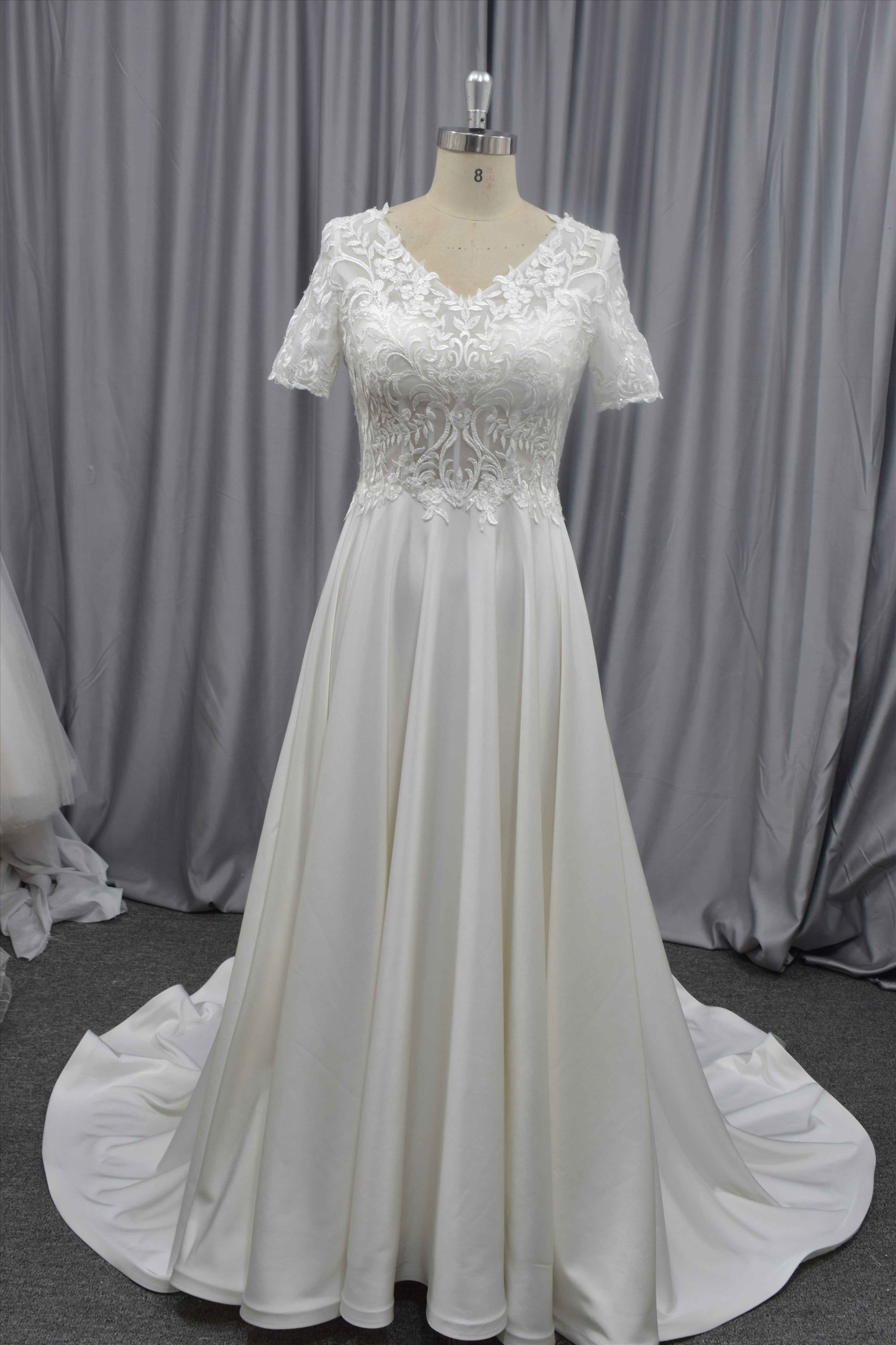 A line short sleeves simple wedding dress lace dress