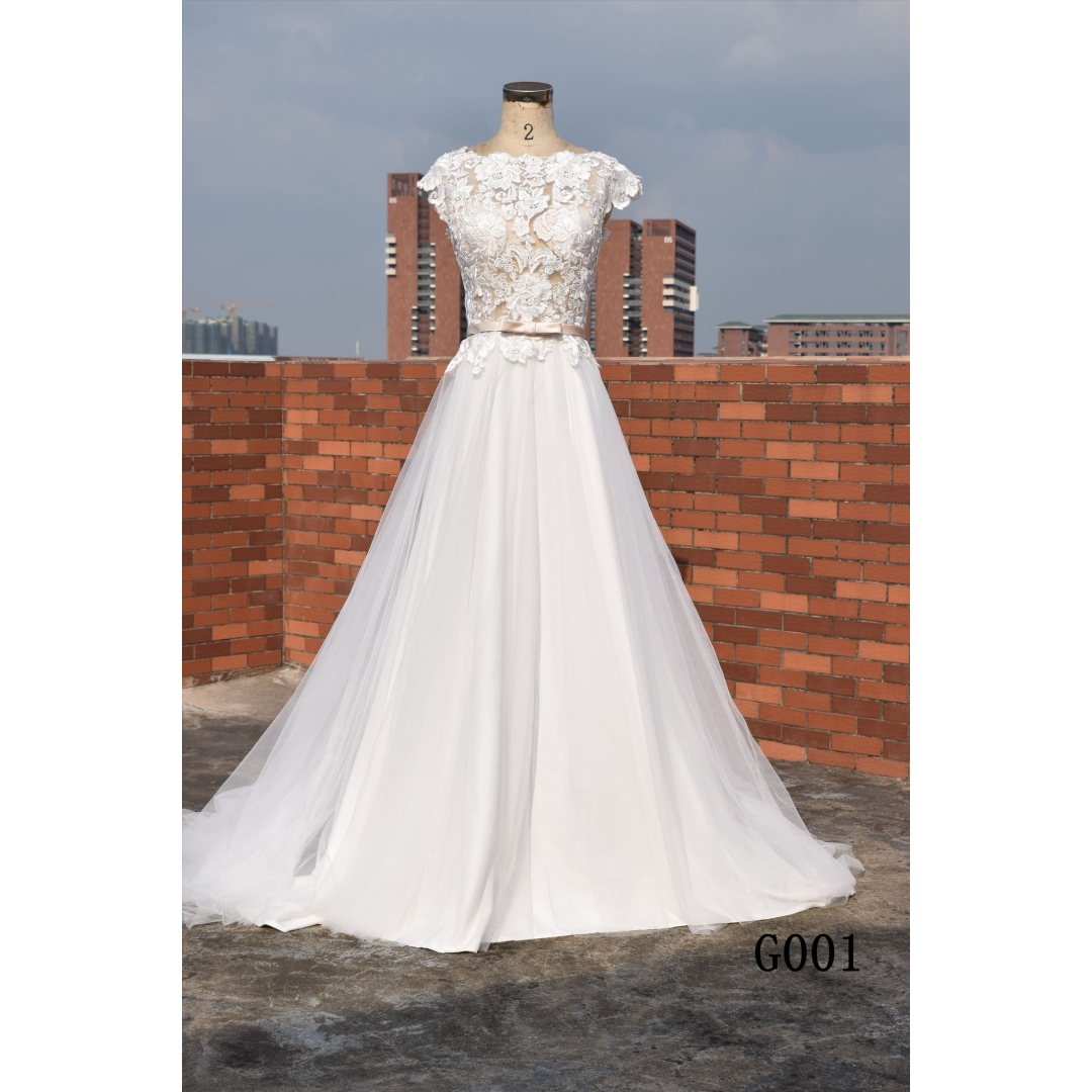 Lace cap sleeves chiffon low V back light bridal gown custom made wedding gown