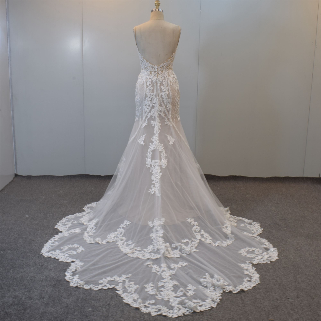 Nude Tulle Wedding Dress Spaghetti Straps Bridal Gown Mermaid Bridal Dress