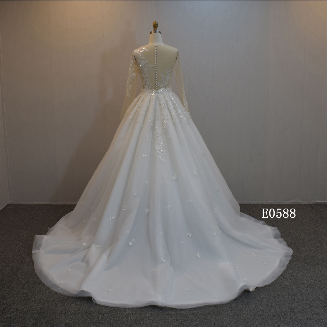 Sexy Illusion Back Ball Gown A line wedding dress With Long Sleeves