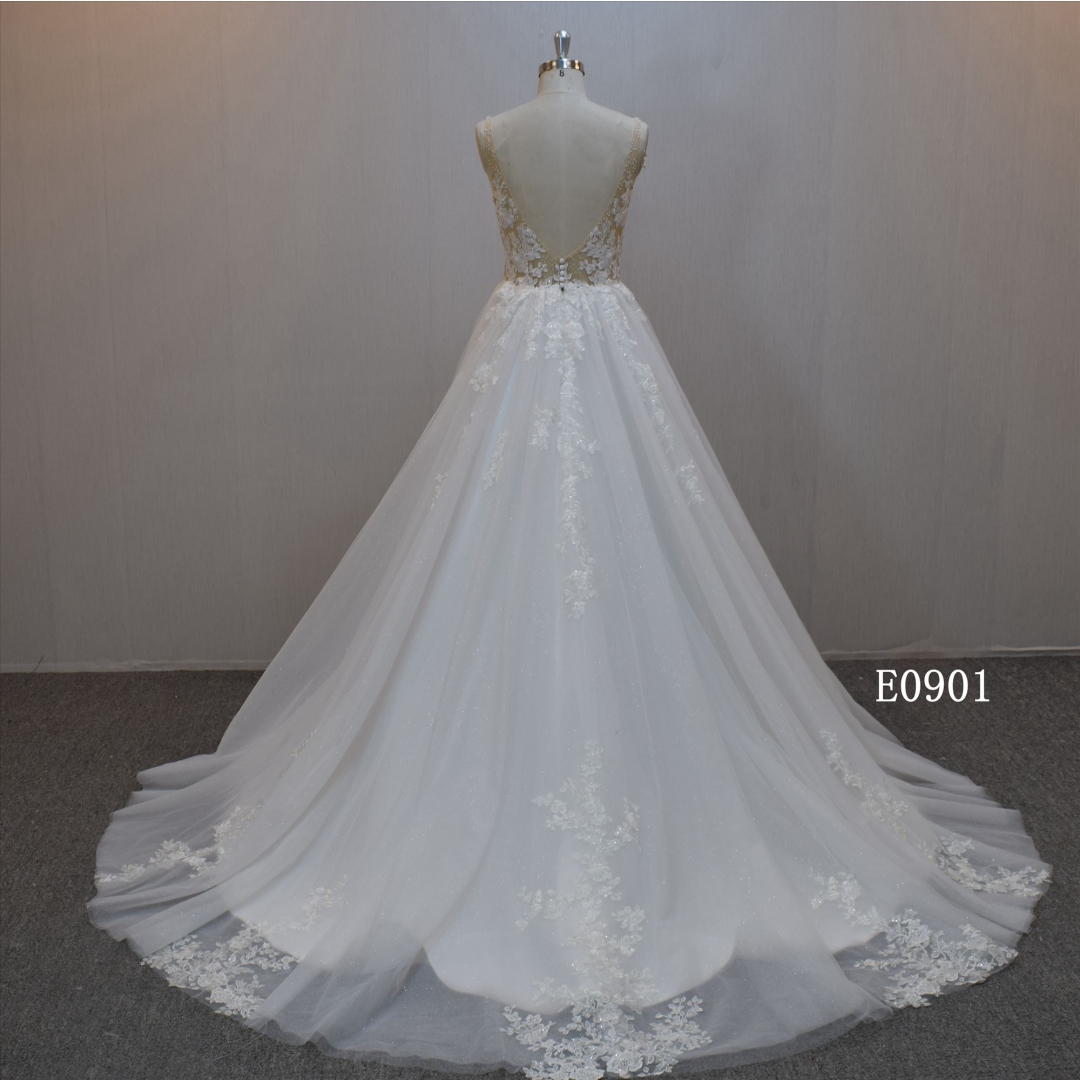 New design A-line bridal dress guangzhou factory made elegant Lace Sequins bridal dress