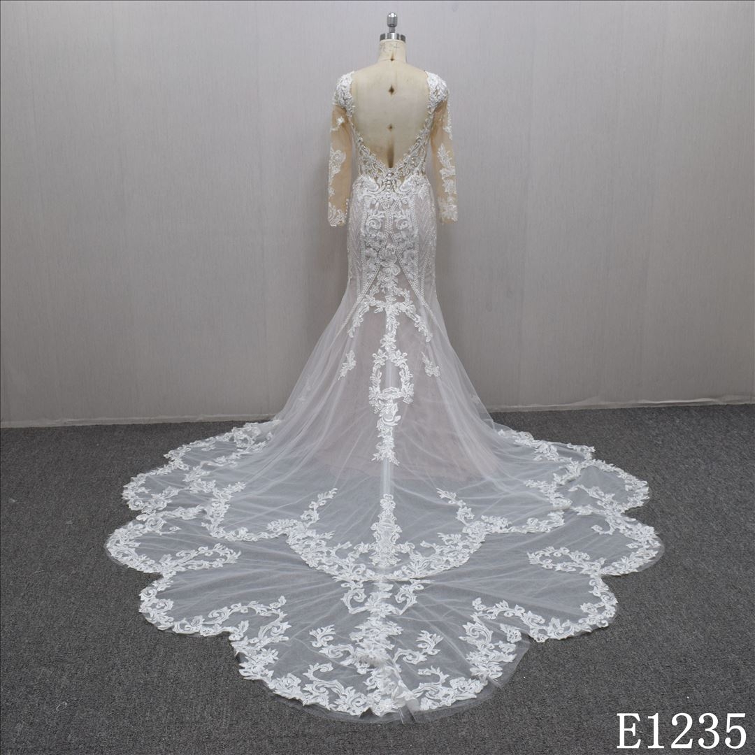 Bohemian Glamorous  Mermaid V-neck long sleeve floral train  wedding dress