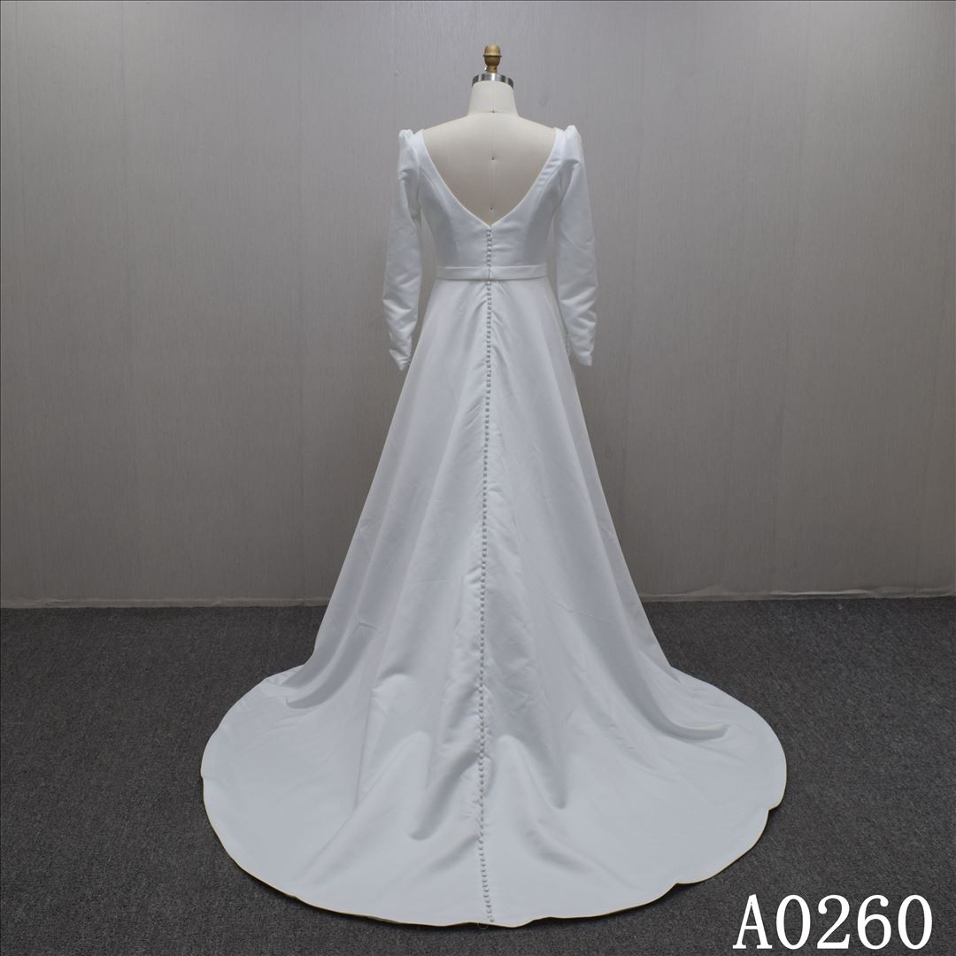 Simple Satin Bridal Dress Long Sleeves V Neckline Bridal Gown