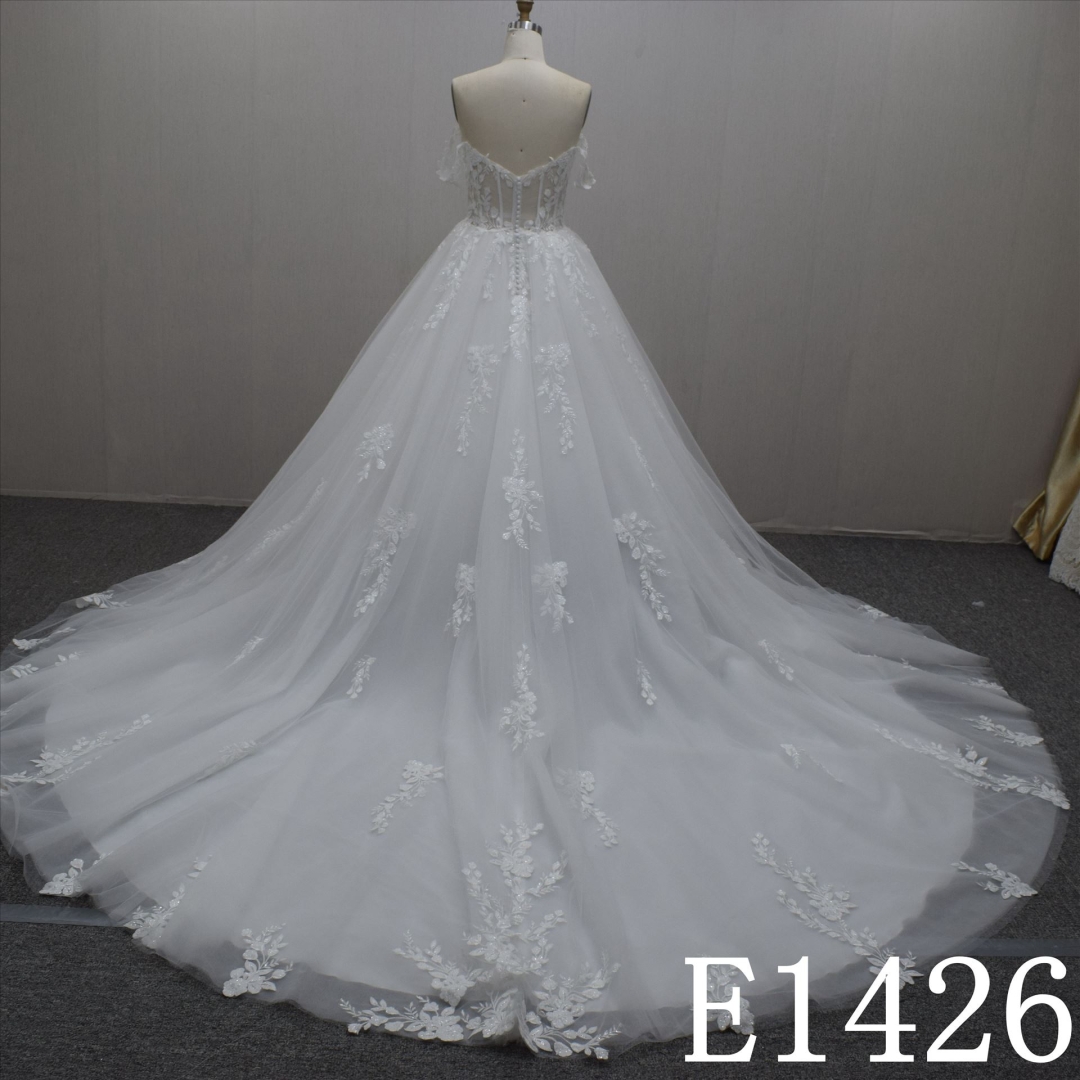Summer Princess Off Shoulder Tulle With Lace Flower Hand Made  Bridal Dress