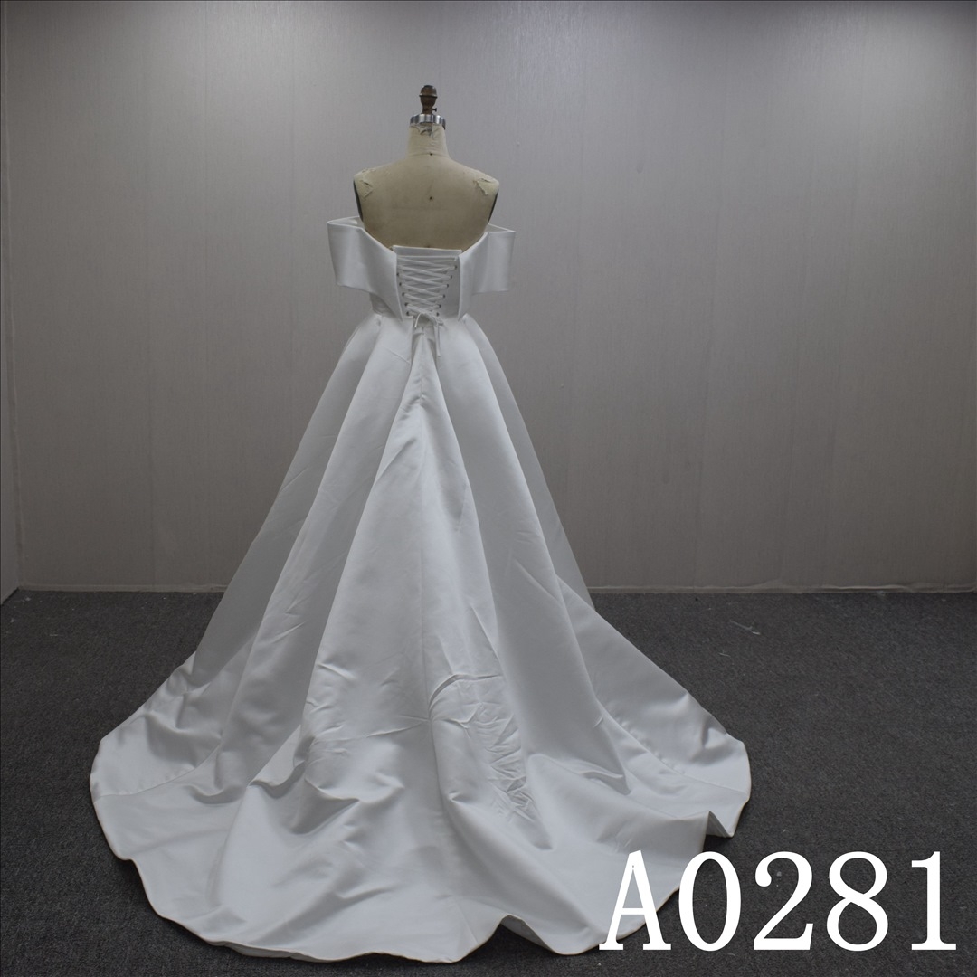 Custom Simple A-line Off-shoulder Straight Neck Satin Hand Made Bridal Dress