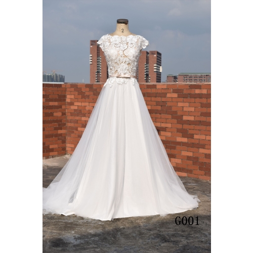 Lace cap sleeves chiffon low V back light bridal gown custom made wedding gown