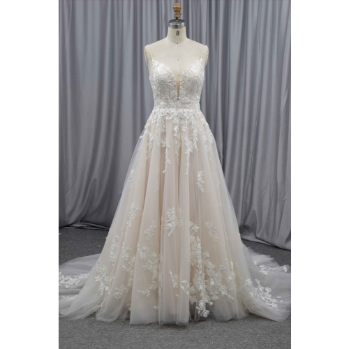 Light blush color wedding dress beach bridal gown with beautiful new lace