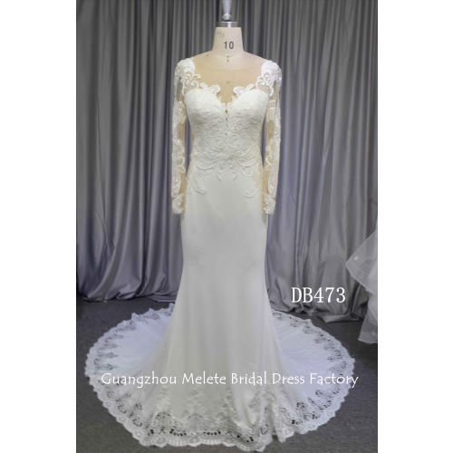 Long sleeves mermaid crepe bridal dress with lace and beading