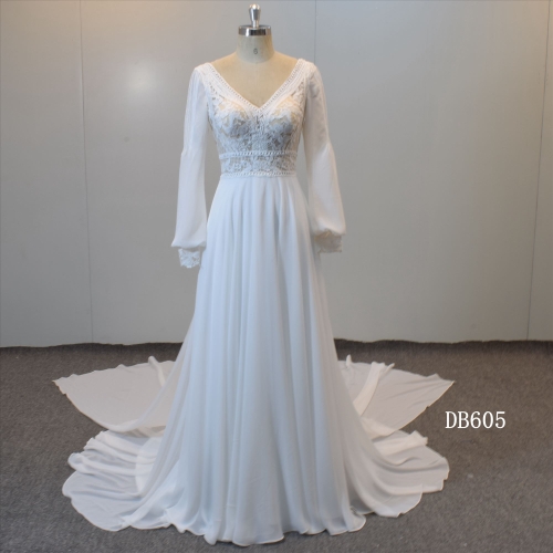 Chiffon Long Sleeves A Line Bridal Gown with Detachable train Bridal Dress