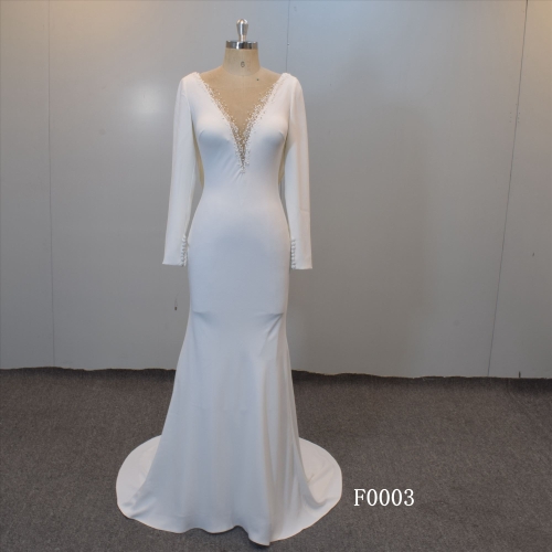 Guangzhou Factory Gorgeous Mermaid Long Sleeves Bridal Gown V Neckline Cowl Back Bridal Gown