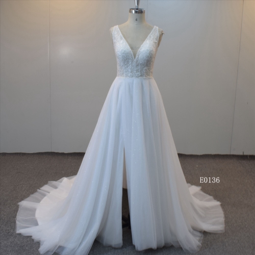 Shining A Line Wedding Gown Applique Bridal Gown V Neckline Bridal Dress