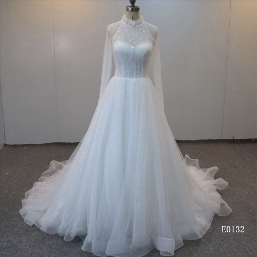 High Neckline  A Line Bridal Gown Long Sleeves Beading Wedding Gown For Women