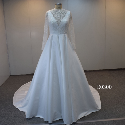 Hight Neckline And Long Sleeveless Bridal Dress Satin Wedding Dress