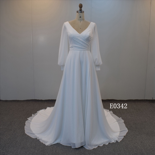 Elegant White Chiffon Satin Long Sleeves Women's Wedding Dress