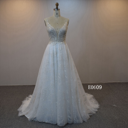 A Line With Lace Applique Bridal Gown Beaded Wedding Dress