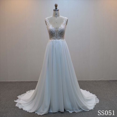 Tulle A-line bridal dress guangzhou factory made elegant Illusion bridal dress