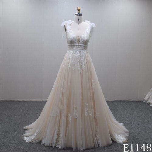 Orange candy color A-line bridal dress plunging-v neck princess wedding dress