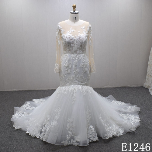 Hot Sale Mermaid Scoop long sleeve lace appliqued  wedding dress for women