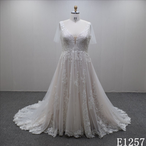 Factory sell  lovely A-line V-neck  light blush flower lace  bridal  dress