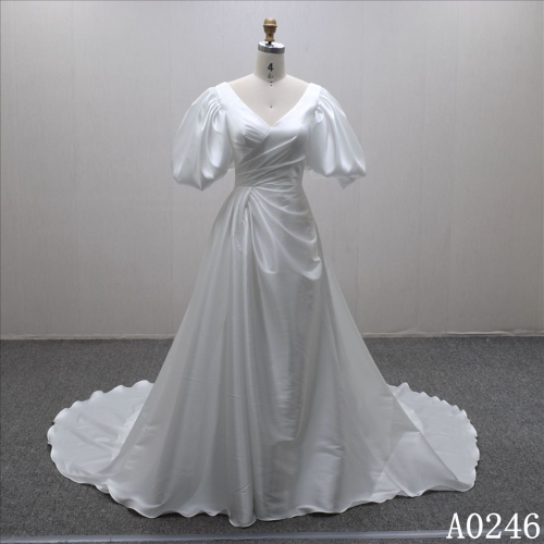 Simple and elegant satin V-neck wedding dress