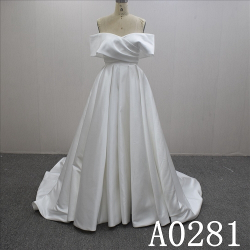 Custom Simple A-line Off-shoulder Straight Neck Satin Hand Made Bridal Dress
