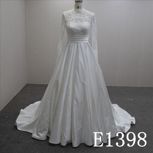 Summer Exquisite High-neck Lace Flower A-line Satin Hand Made Bridal Dress