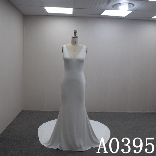 Custom Simple A-line  Sleeveless Satin Hand Made Bridal Dress