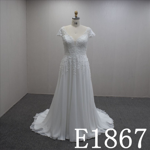 V-neckline Bridal dress with Short Sleeves and Sweep Train