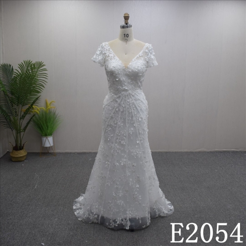 Simple A-line Backless Short Sleeves With lace flower Hand Made Bridal Dress