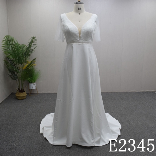 Custom Simple A-line Short Sleeves with backless Hand Made Bridal Dress