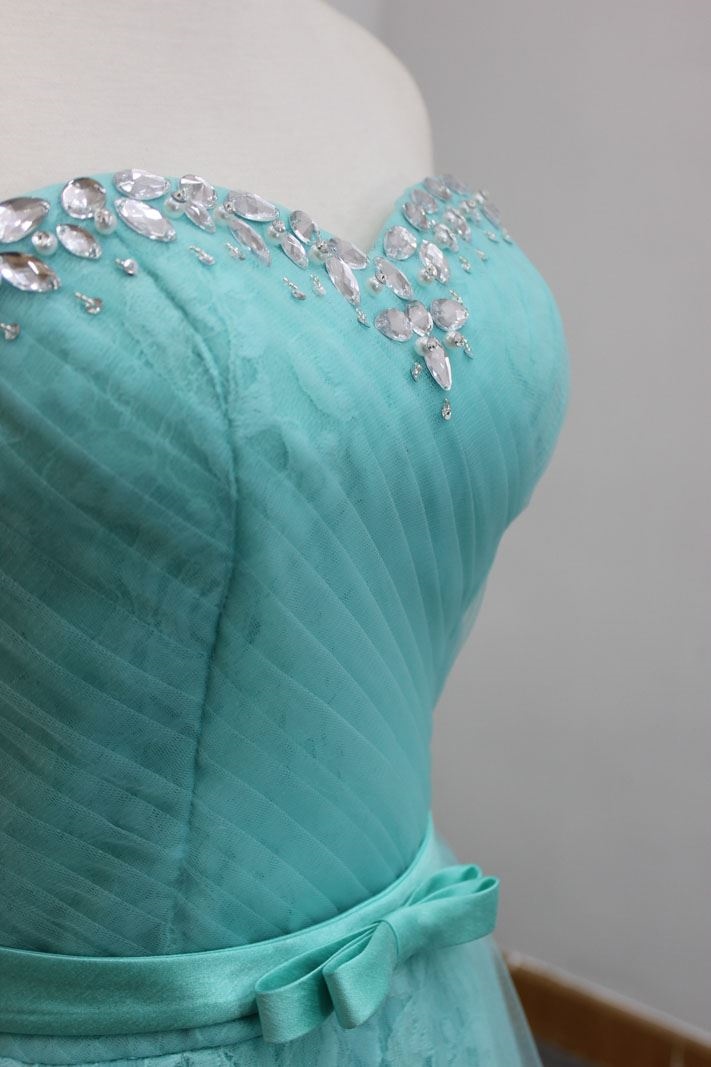 Mint color sweetheart Neckine With beading and pleats details evening dress