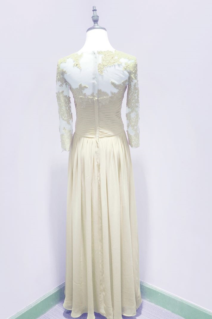 Dark ivory lace details long sleeves evening dress
