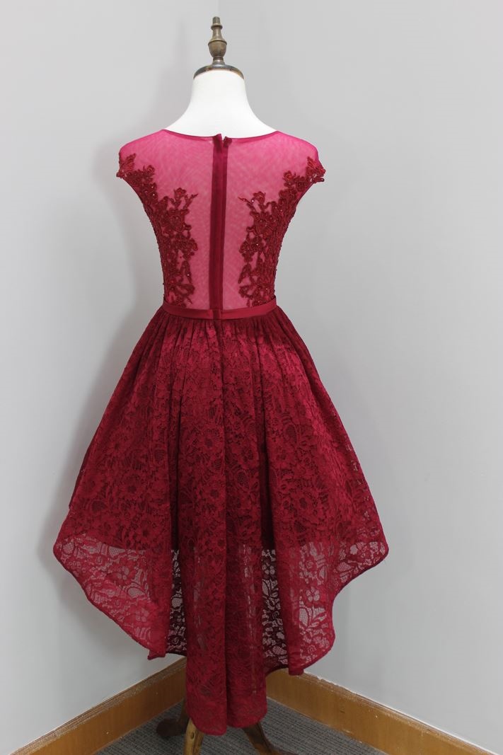 Red rose color cap sleeves cocktail dress with lace and beading details