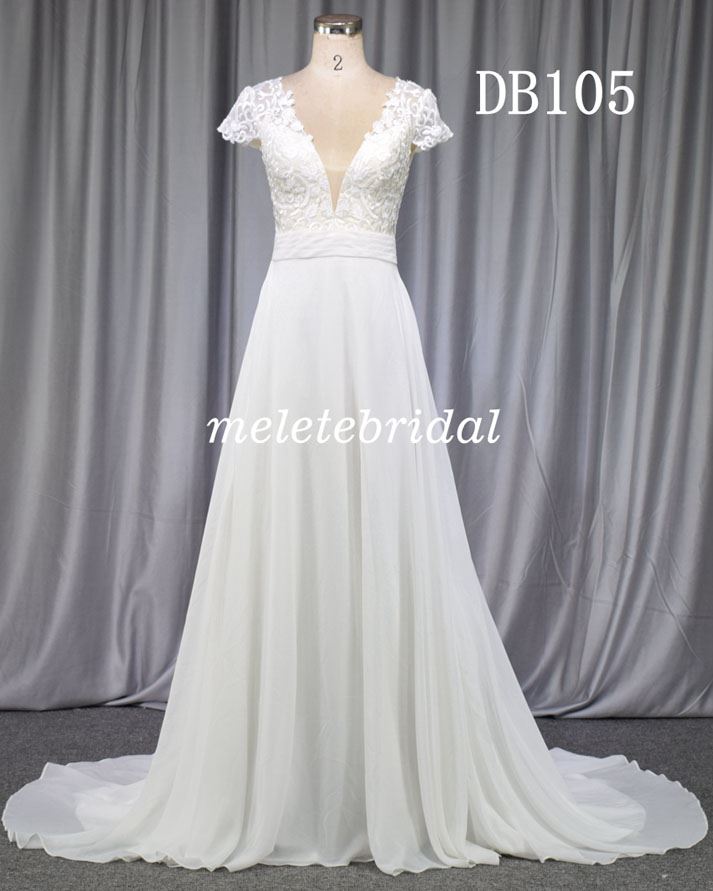 Elegant chiffon bridal gown with lovely cap sleeves