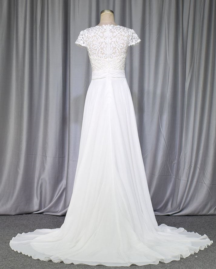 Elegant chiffon bridal gown with lovely cap sleeves