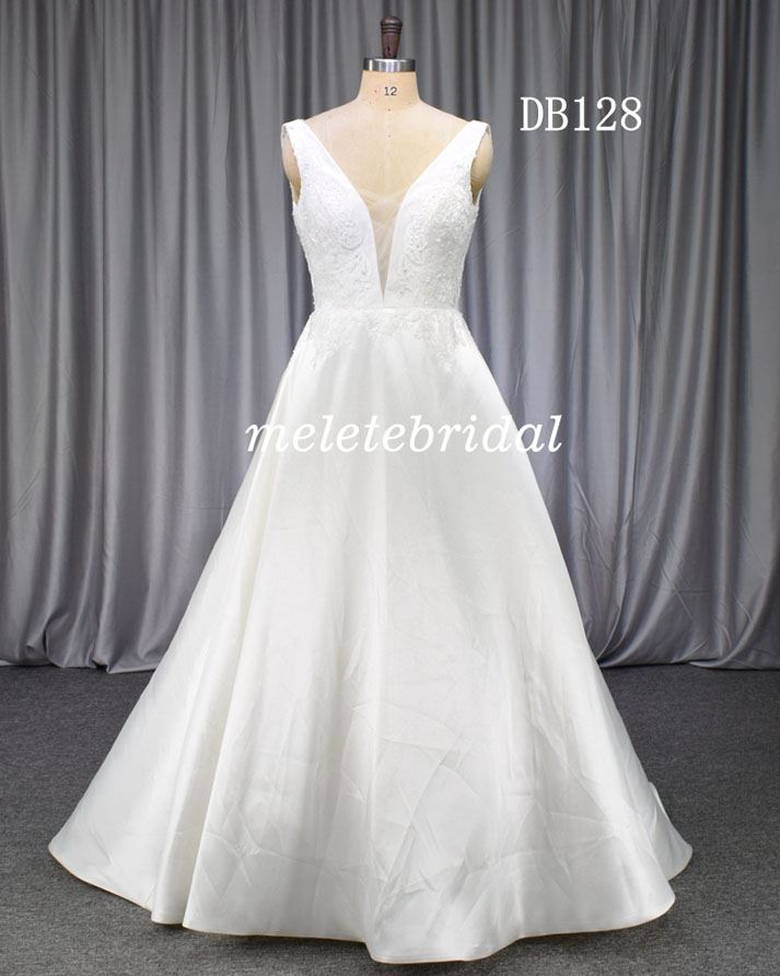 Elegant design mikado fabric with lace bridal gown