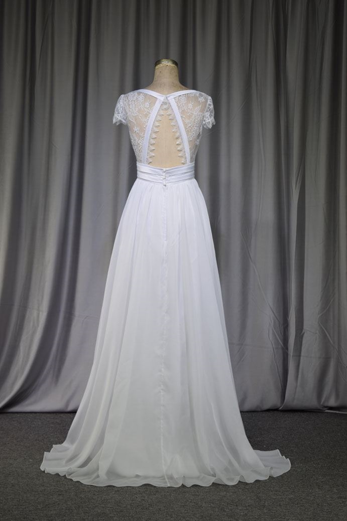 Short Sleeves chiffon key hole back wedding gown