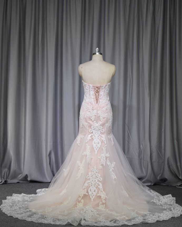 Pink color lace beading mermaid bridal gown