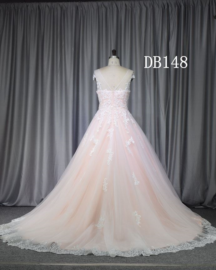 Pink color plus size bridal gown with cap sleeves