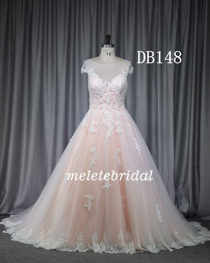 Pink color plus size bridal gown with cap sleeves