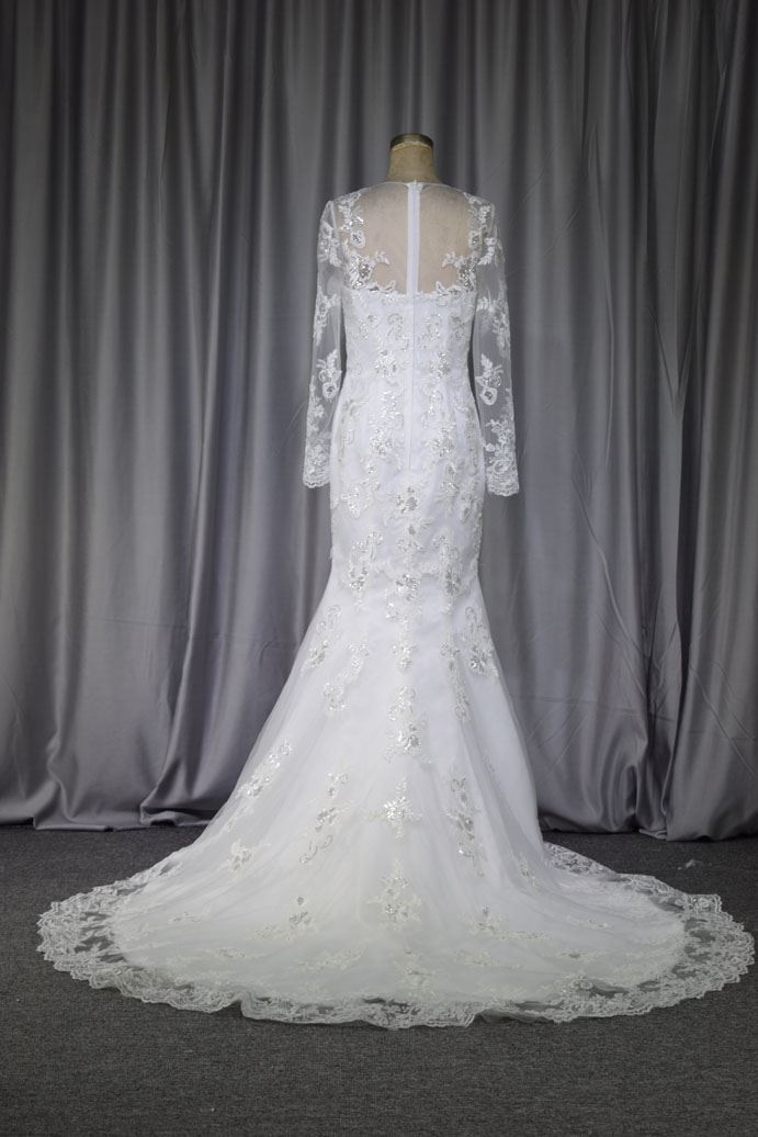 Long sleeves lace mermaid bridal gown with silver beading