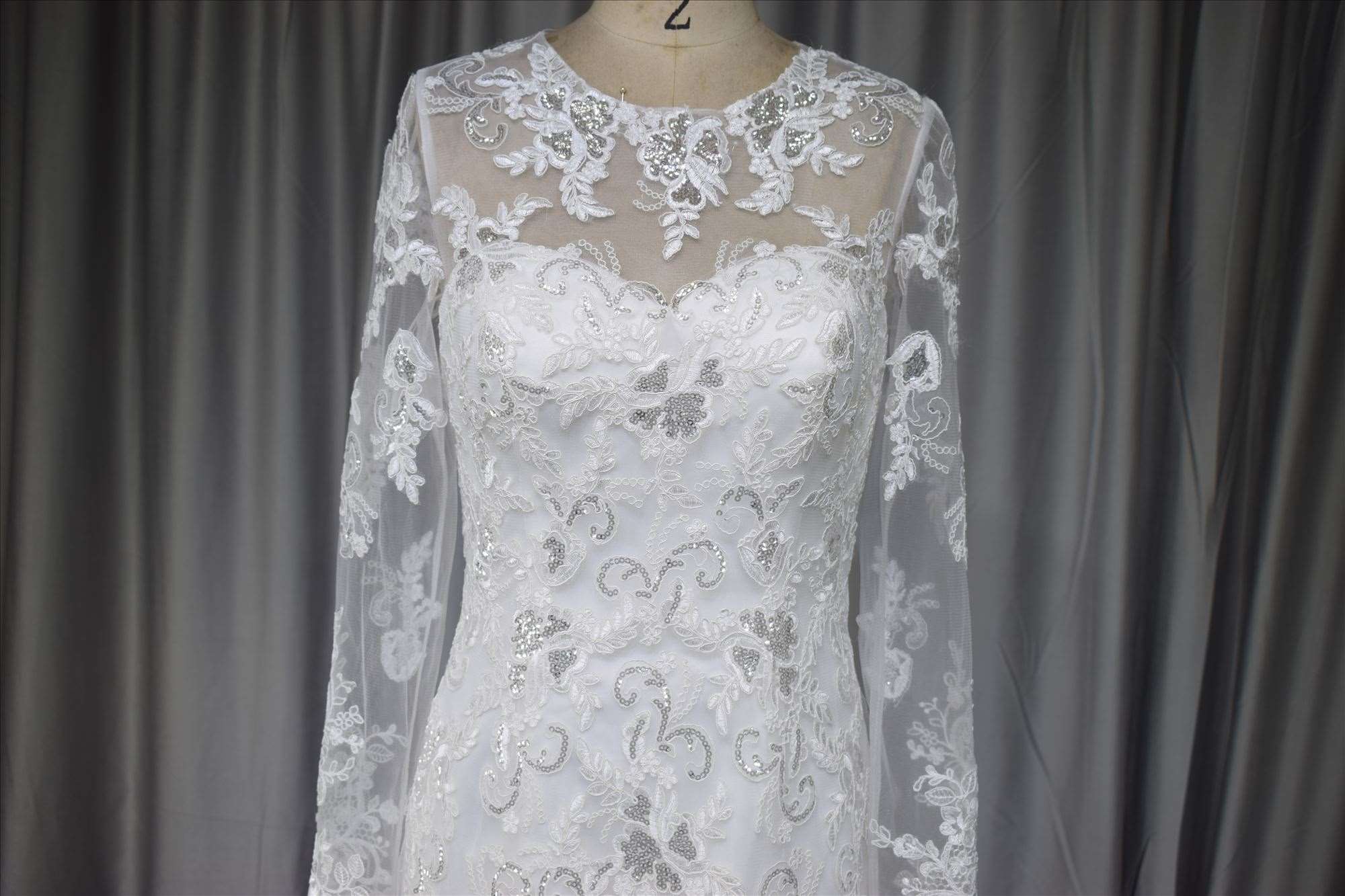 Long sleeves lace mermaid bridal gown with silver beading