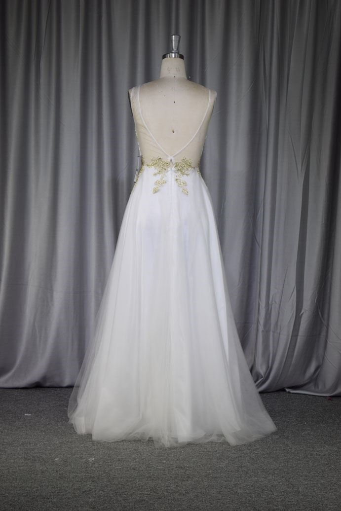V Neckline gold Lace A line bridesmaid gown