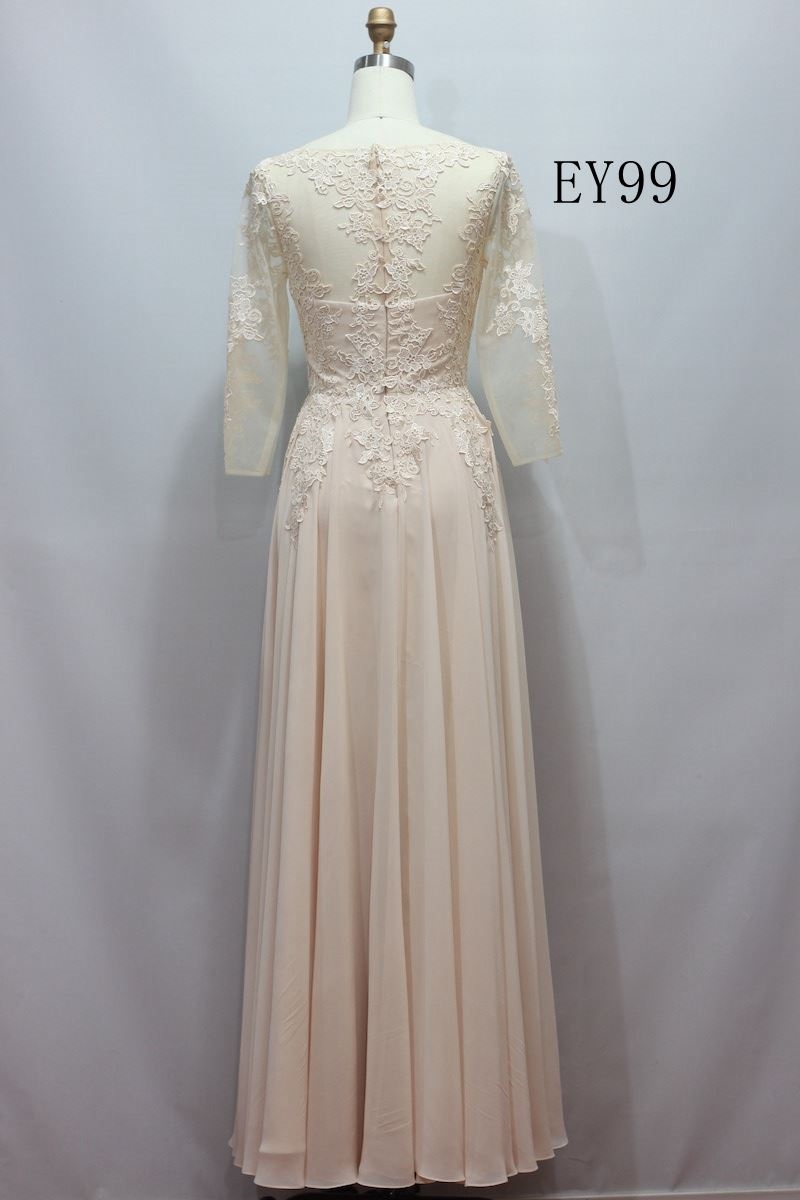 Lace upper chiffon skirt long sleeves bridesmaid gown