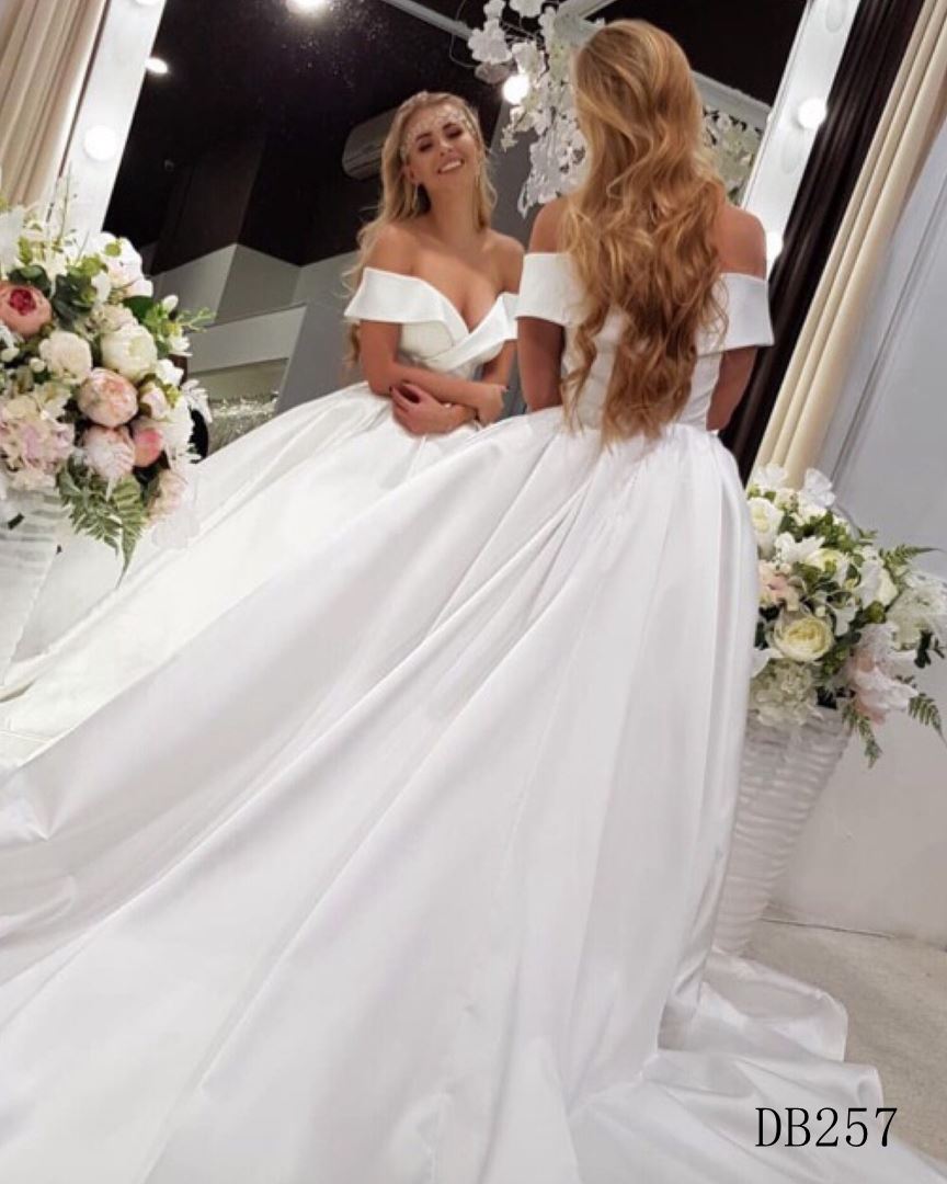 A line satin off shoulder  bridal gown