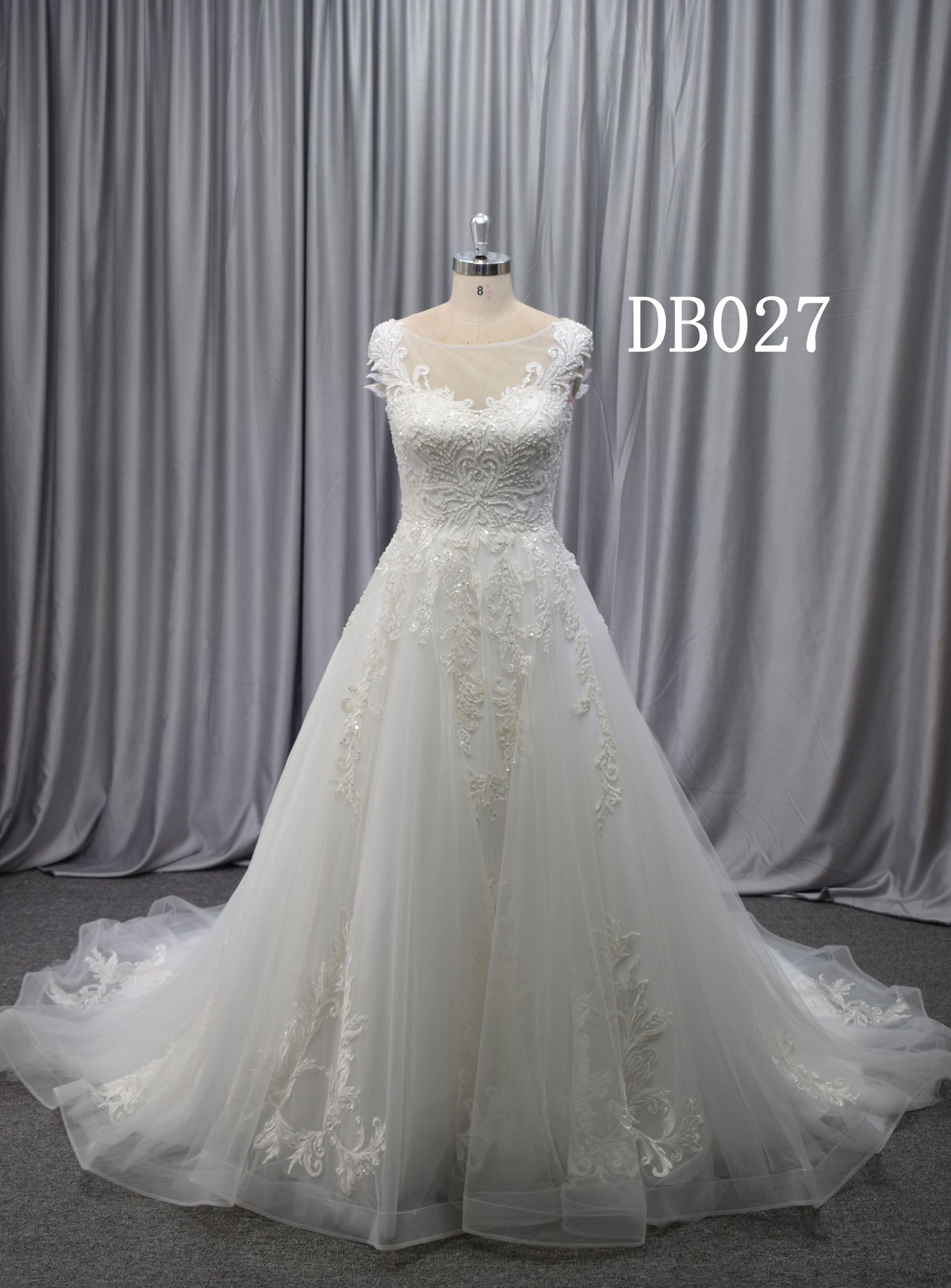 Bodice with clear beadingwork cap sleeves lace applique bridal gown